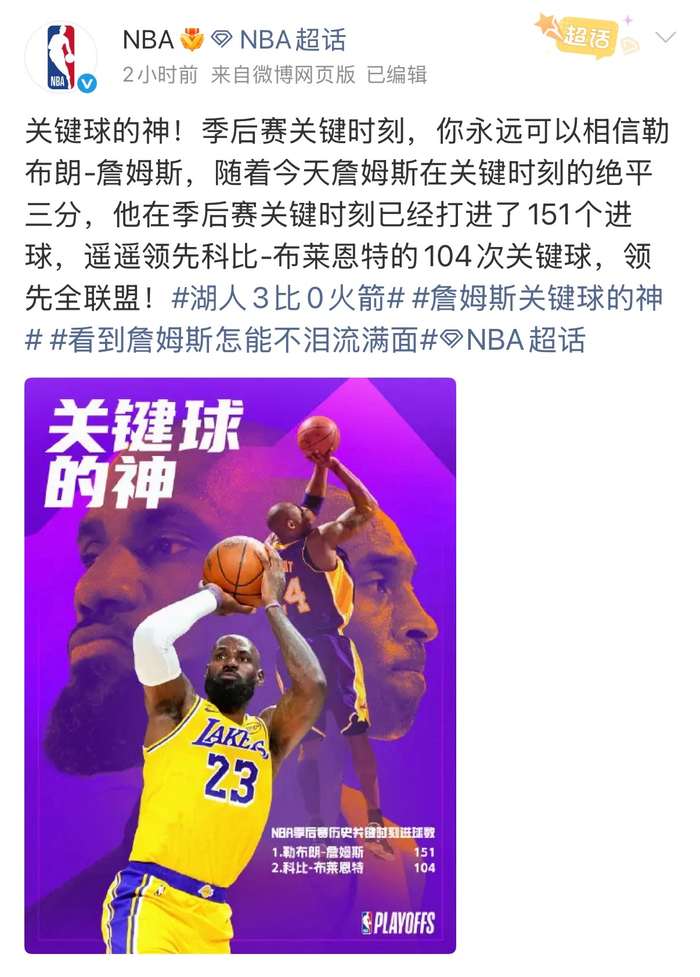 NBA官方认证詹姆斯关键球能力首屈一指