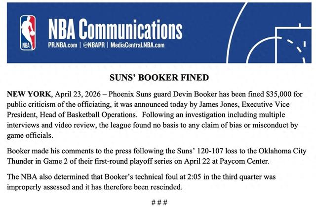 NBA季后赛技术犯规误判引发争议 布克被罚3.5万美